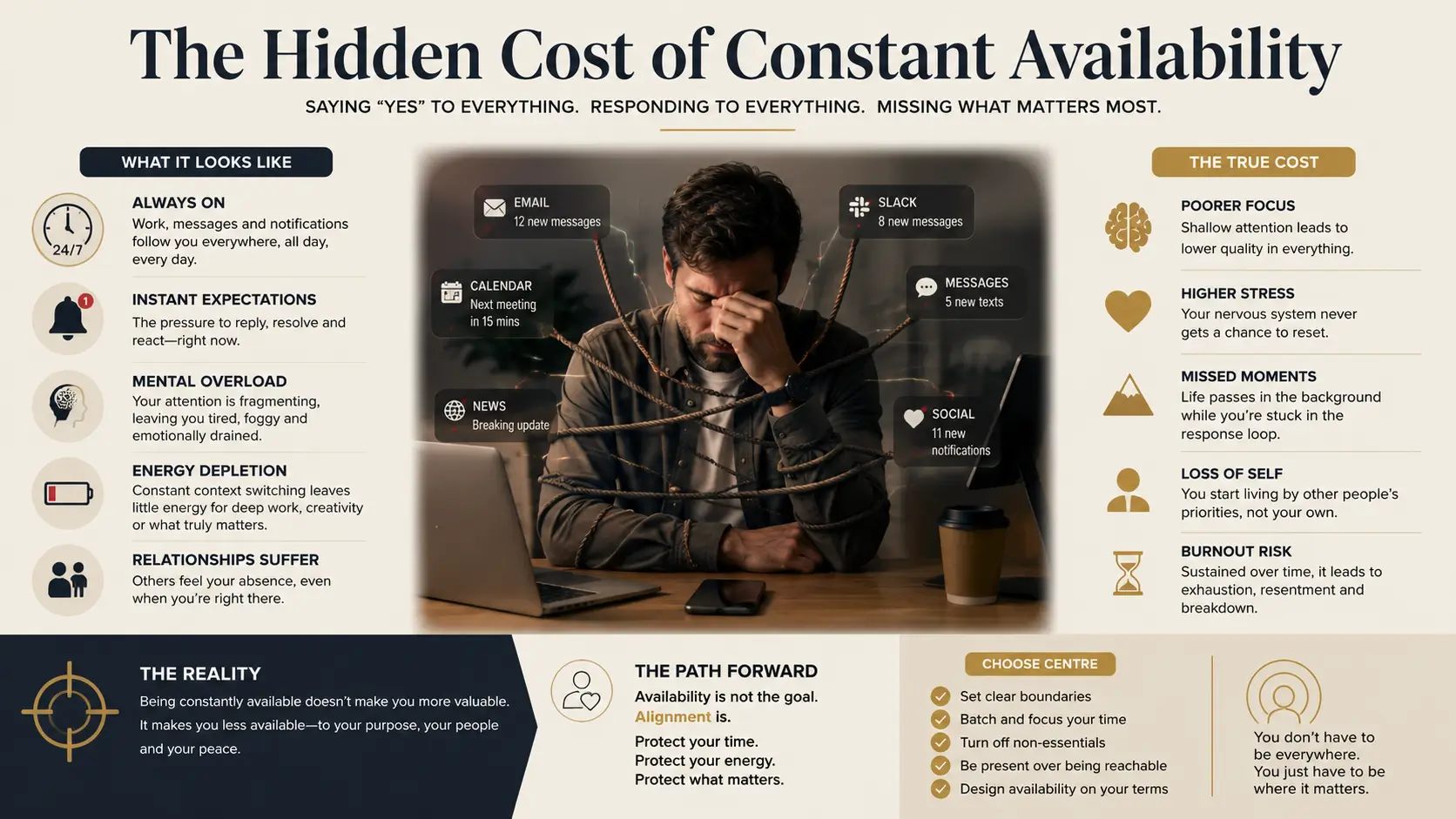 The Hidden Cost of Constant Availability blog image showing the pressure of constant notifications